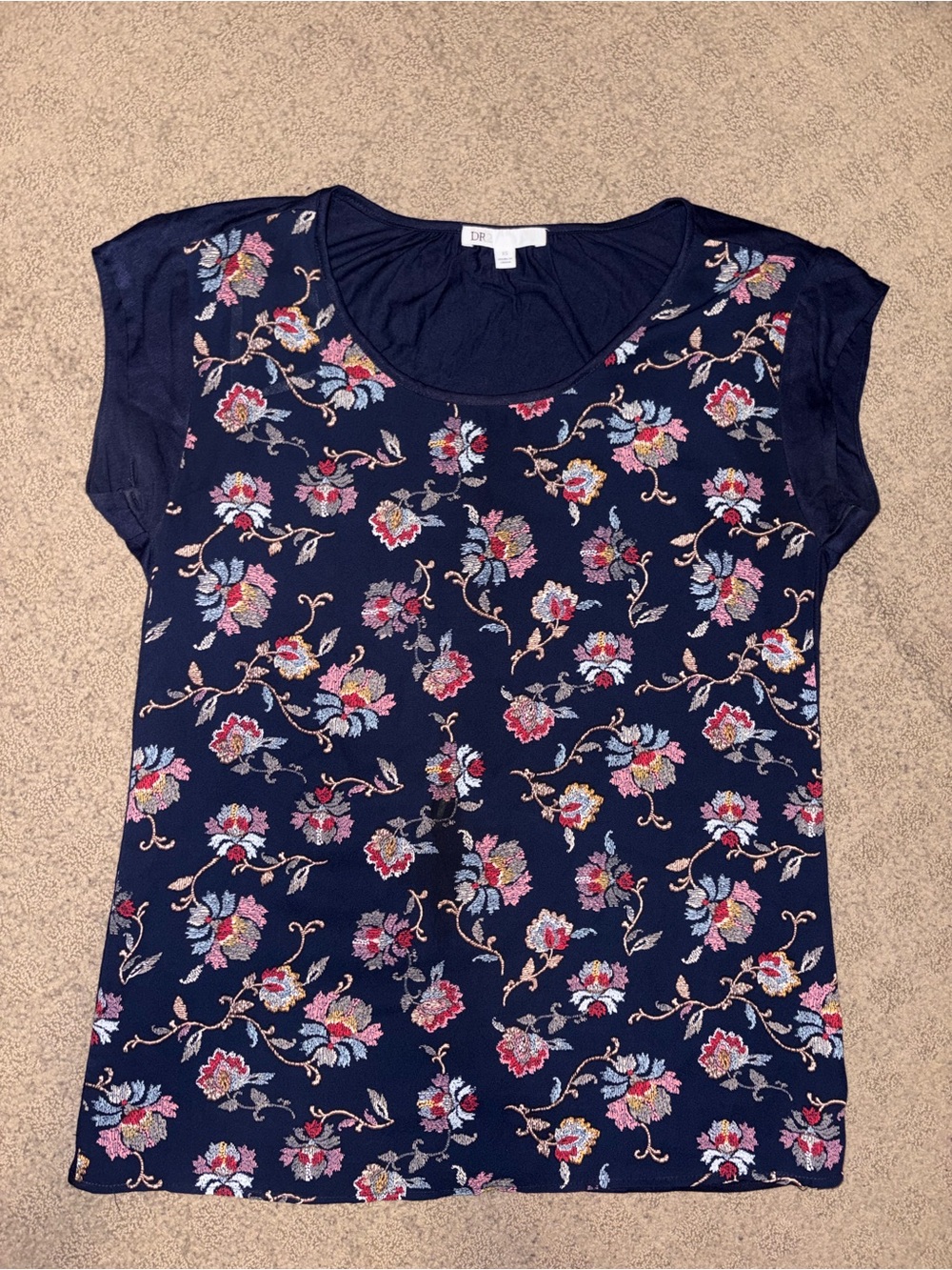 DR2 Navy Floral Scoop Neck Short Sleeve Tee, Size XS